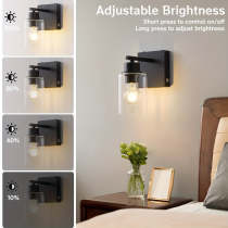Battery Operated Wall Light Set 2/1, Rechargeable, Dimmable, Remote Control, Touch Control, USB-C Charging, Suitable for Living Room, Bedroom Black (Bulbs Included)