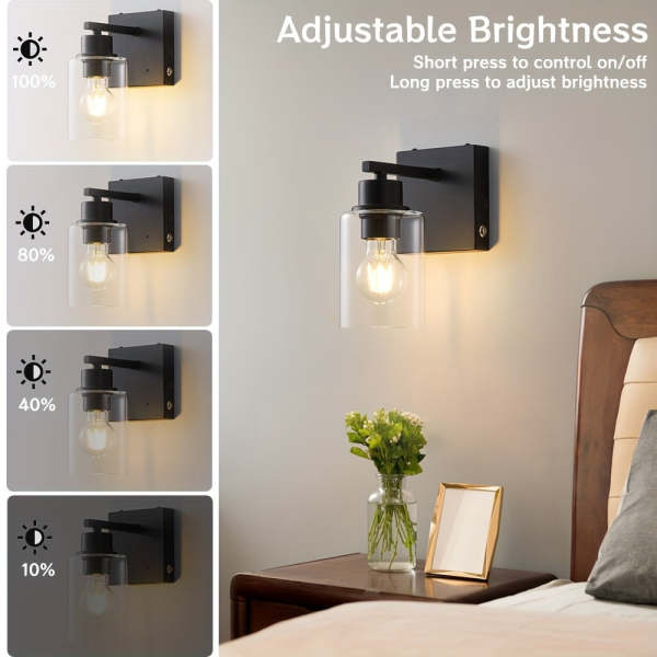 Battery Operated Wall Light Set 2/1, Rechargeable, Dimmable, Remote Control, Touch Control, USB-C Charging, Suitable for Living Room, Bedroom Black (Bulbs Included)