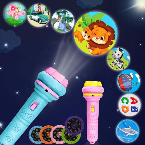 Mini Projector Flashlight with 3 Projection Slides, 24 Patterns including Animals, Dinosaurs, Vehicles, Space & More, Halloween Gift