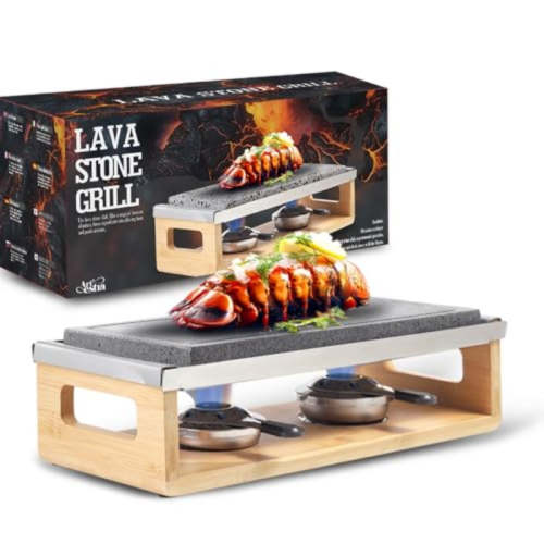 Artestia Volcanic Stone Grill | Smokeless BBQ Grill with Bamboo Stand, Fast-Heating Natural Volcanic Stone Cookstones, Ideal for Dinner & Family Entertainment, Dual Grill Racks, 14.56  x 6.69