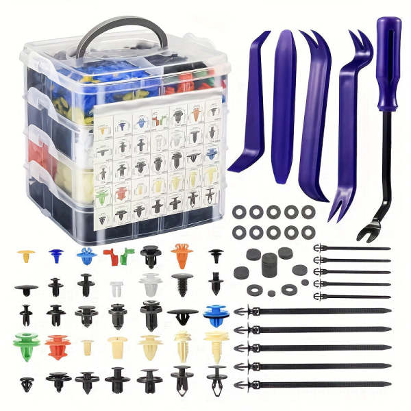 Automotive Retainer Clip Kit with 5 Removal Tools - 6 Sizes of Plastic Push-Type Trim Clips Fasteners, Car Body Bumper Fender Rivet Assortment for Trucks & Motorcycles