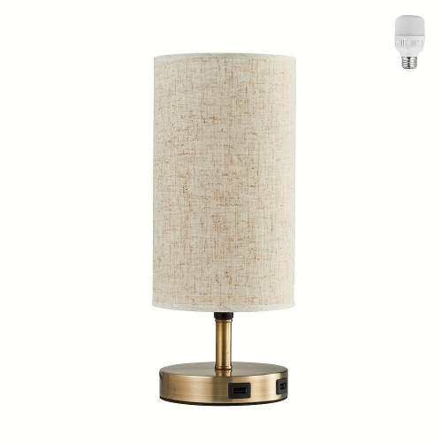 bronze gold round linen table lamp, US plug, bulb included, touch three-step dimming, with in-line switch, with USB charging port, bedroom bedside lamp, office desk lamp, study desk lamp