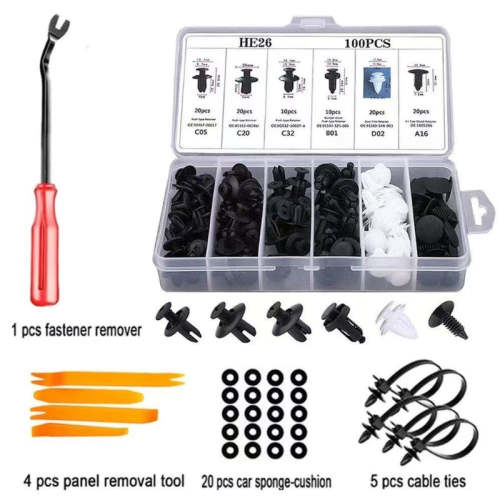 Automotive Retainer Clip Kit with 5 Removal Tools - 6 Sizes of Plastic Push-Type Trim Clips Fasteners, Car Body Bumper Fender Rivet Assortment for Trucks & Motorcycles