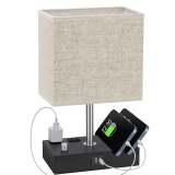Bedroom table lamp, with dual USB ports, dimmable bedside lamp, with phone stand and 2 charging outlets, table lamp for nightstand and living room, LED bulb included