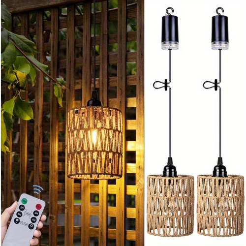 Battery-powered pendant light, battery hanging lantern, rattan light with warm white bulb, powered by 4 AA batteries, suitable for gazebo, pergola, porch, patio, outdoor and indoor decoration