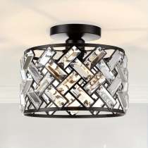 Modern Semi-Flush Mount Crystal Black Frame Ceiling Light - Semi-Recessed Installation, Suitable for Kitchen, Living Room, Bathroom, Entryway - Controller Sold Separately