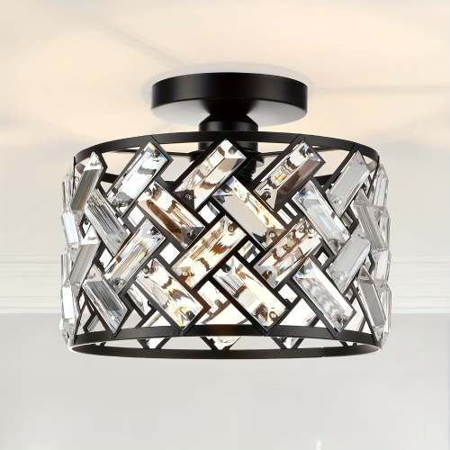 Modern Semi-Flush Mount Crystal Black Frame Ceiling Light - Semi-Recessed Installation, Suitable for Kitchen, Living Room, Bathroom, Entryway - Controller Sold Separately