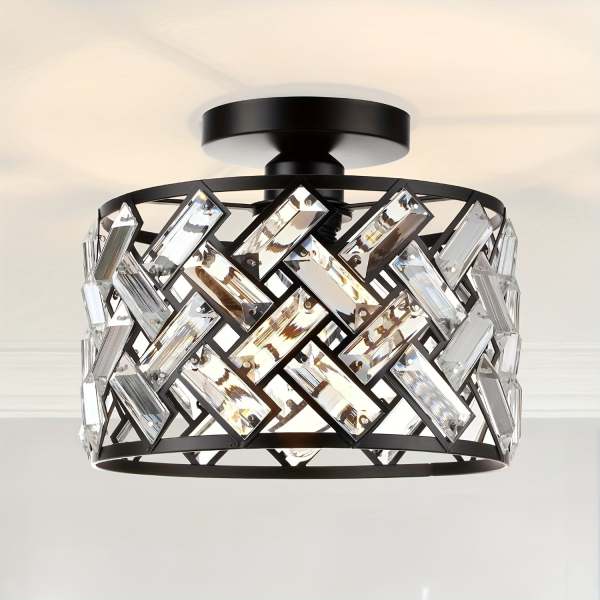 Modern Semi-Flush Mount Crystal Black Frame Ceiling Light - Semi-Recessed Installation, Suitable for Kitchen, Living Room, Bathroom, Entryway - Controller Sold Separately