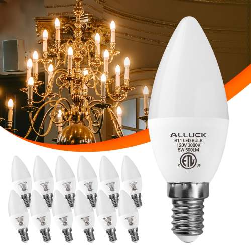 12-pack, B11/C37 LED candelabra bulb 5W 500 lumens (50W equivalent), E12 base, CRI 85+, 3000K/5000K/6500K color temperature, AC110-130V non-dimmable, suitable for home, bar, restaurant and hotel decoration