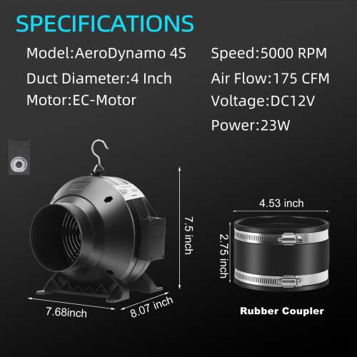 4 Inch 175 CFM Quiet Inline Exhaust Fan, for Indoor Grow Tent Hydroponics Ventilation, Black