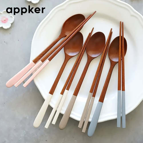 Appker Japanese Wooden Dinnerware Set 4-Piece – Colorful Long Handle Spoon & Chopstick Set – Handcrafted Reusable Cutlery Set for Halloween