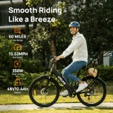 E26 Black City Adventure E-Bike 350W High Torque Motor 48V 10.4Ah Removable Battery 60 Miles Range 15.53MPH Shimano 7 Speed Gear Mechanical Disc Brakes Multi Damping Structure LCD Display Built In Rear Rack Night Light Adult Daily Commute Off Road