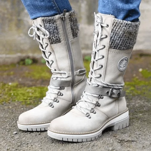 Women Buckle Lace Knitted Mid-calf Boots 🔥HOT SALE 60% OFF🔥