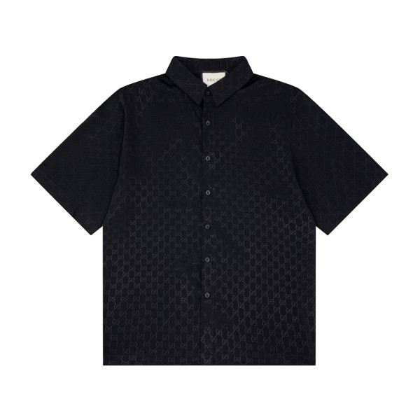 Gucci 23ss early spring new satin letter Logo short-sleeved shirt Black 6.26