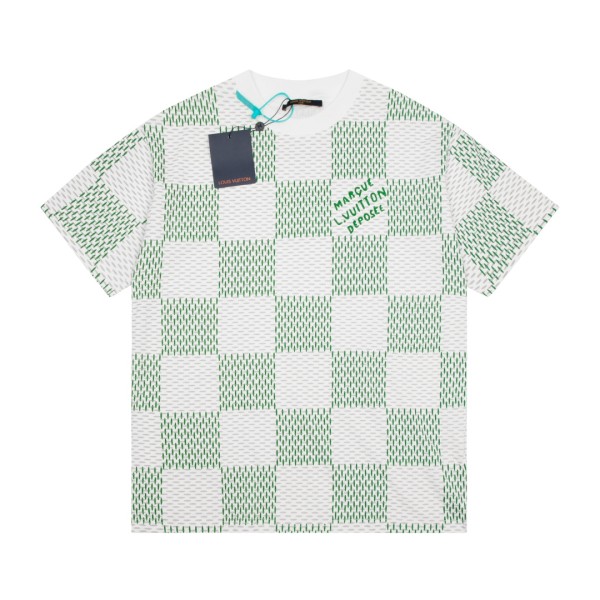 Louis Vuitton 23SS Full Body Classic Plaid Letter Logo Print Short Sleeve T-Shirt White Green 7.11