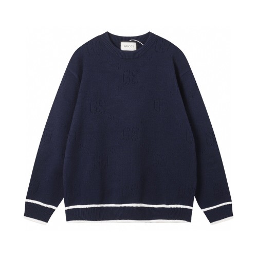 Gucci all over lettering hollow knit crew neck sweater navy blue 8.7