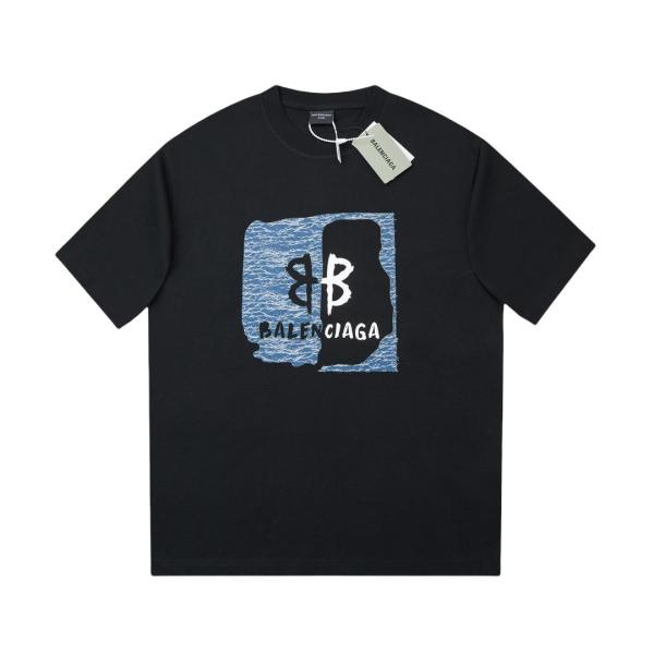 Balenciaga Cut-out denim BB logo short-sleeved T-shirt Black 25529