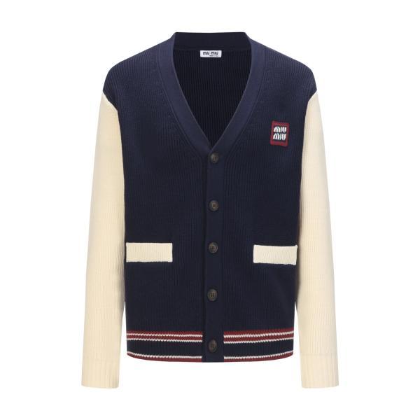 Miu Miu SS25 Layered-Look Navy Blue V-Neck Raglan Wool Sweater 250903