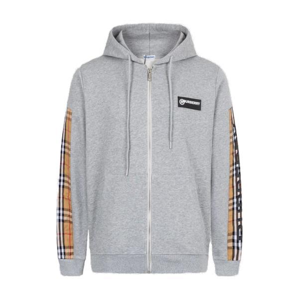 Burberry Check Panel Leather Logo Patch Hooded Sweatshirt 251015