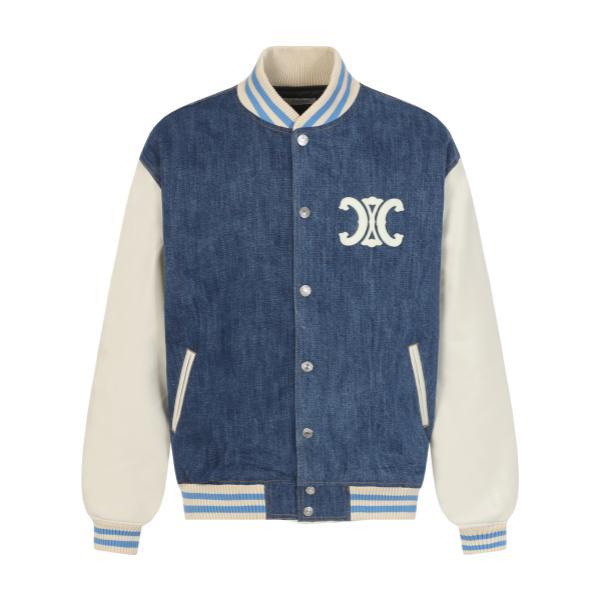 Celine Washed Denim Panel Varsity Jacket 251015