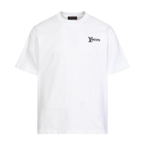 Louis Vuitton Letter Embroidered Logo Crewneck Short Sleeve T-Shirt (White) 260415