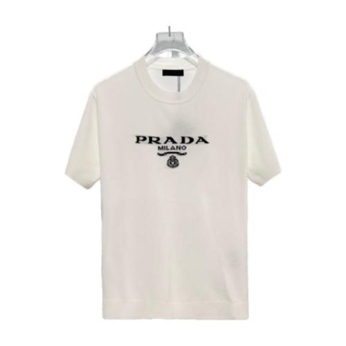 Prada Letter Yarn-Dyed Triangle Logo Crewneck Short Sleeve T-shirt 260506