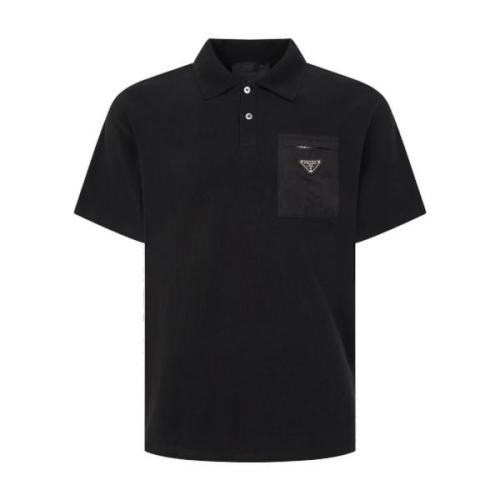 Prada Pocket Zip Triangle Logo Two-Tone Short Sleeve Polo - Charcoal 260728