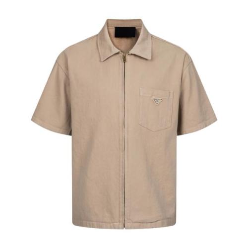 Prada Triangle Logo Zip Denim Short Sleeve Shirt - Khaki 260901