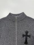 Chrome Hearts Wool Knit Embroidered Cross Leather Patch Zip Jacket - Dark Gray 260915