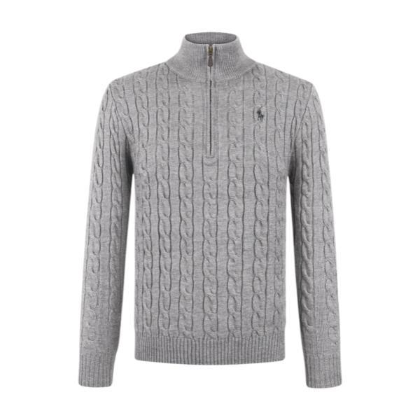 Ralph Lauren Cable-Knit Embroidered Pony Mock Neck Half-Zip Long Sleeve Sweater - Warm Gray 261013