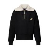 Louis Vuitton Pearl Aviator Brooch Spread Collar Long Sleeve Half-Zip Knit Sweater - Black 261013