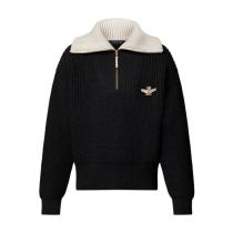 Louis Vuitton Pearl Aviator Brooch Spread Collar Long Sleeve Half-Zip Knit Sweater - Black 261013