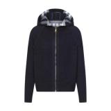 Burberry Double-Faced Cashmere Equestrian Knight Logo Aligned Check Hooded Zip Long Sleeve Knit Jacket - Charcoal 261013