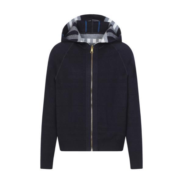 Burberry Double-Faced Cashmere Equestrian Knight Logo Aligned Check Hooded Zip Long Sleeve Knit Jacket - Charcoal 261013