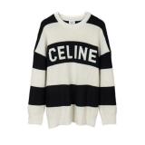 CELINE Bold Striped Letter Round Neck Long Sleeve Knit Sweater - Gray 261020