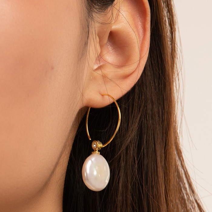 S925 Silver Baroque Pearl Round Hoop Earrings