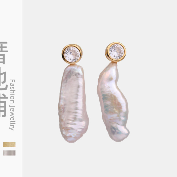 S925 Silver Baroque Pearl Irregular Long-shaped Earrings