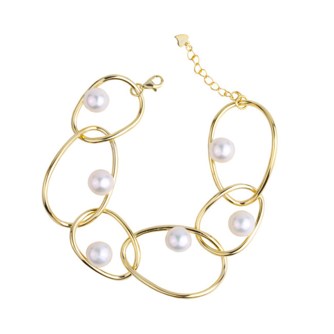 925 Silver Baroque Pearl Circle Chain Bracelet