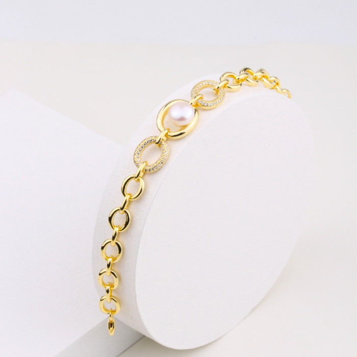 925 Silver Baroque Pearl Circle Chain Adjustable Bracelet