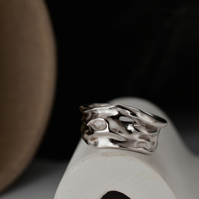 925 Sterling Silver Irregular Crumpled Adjustable Opening Ring