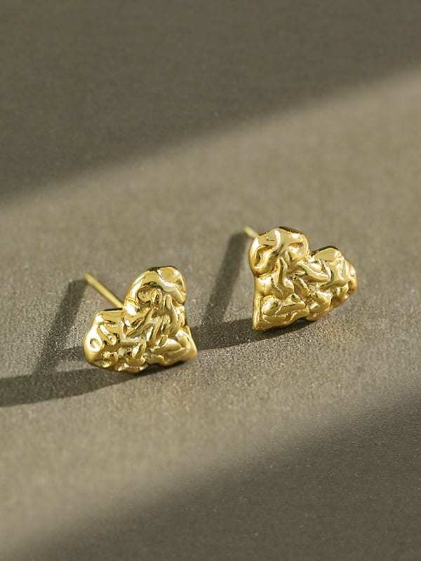 925 Sterling Silver Rock texture Heart Vintage Stud Earring