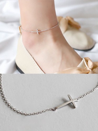 925 Sterling Silver Minimalist  Smooth Cross Chain   Anklet