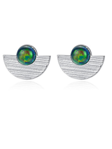 925 Sterling  Silver With Opal  Simplistic Semicircle Stud Earrings