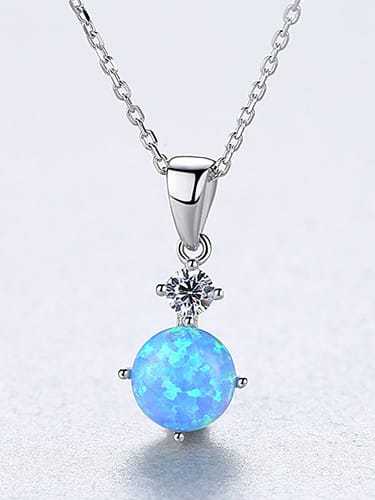 925 Sterling Silver Opal blue simple Square Pendant Necklace