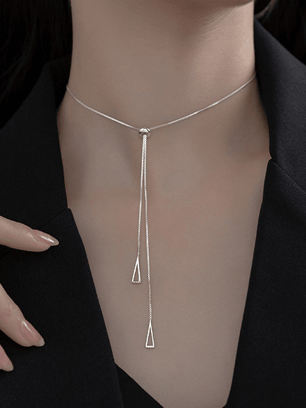 925 Sterling Silver Triangle Tassel Minimalist Lariat Necklace