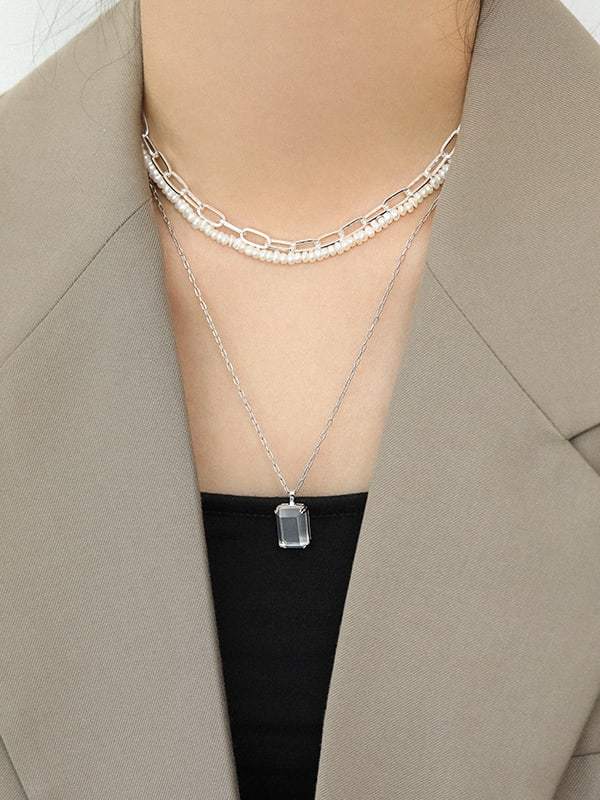 925 Sterling Silver Hollow Geometric Chain Vintage Necklace