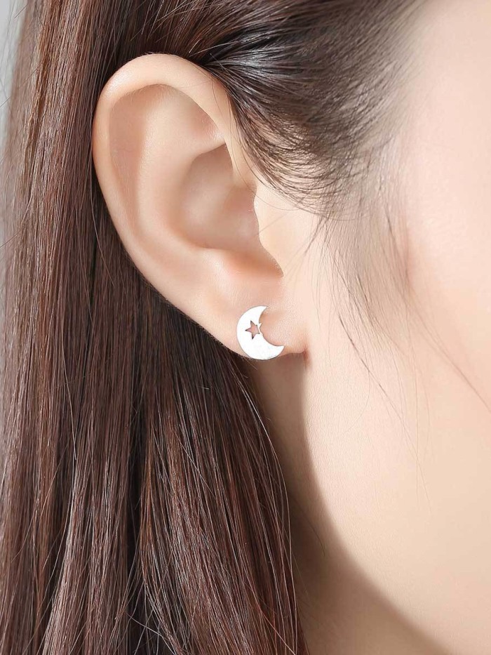 925 Sterling Silver With Smooth  Simplistic Asymmetry  Moon Stud Earrings