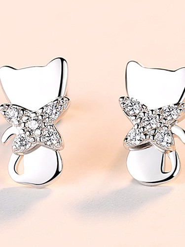 925 Sterling Silver Cubic Zirconia  Cute Cat Stud Earrings