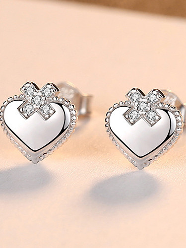 925 Sterling Silver With Rhinestone Simplistic Heart Stud Earrings