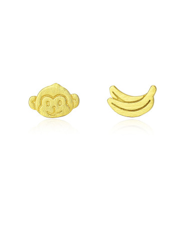 925 Sterling Silver With Gold Plated Simplistic Monkey Banana Asymmetry  Stud Earrings